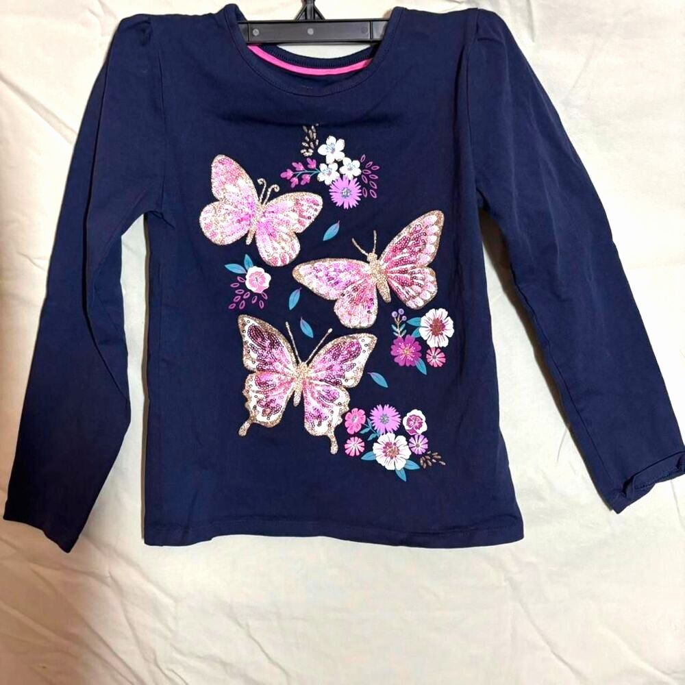 Girl's Isaac Mizrahi Long Sleeve Top Navy Blue Sparkle Butterfly Graphic Sz M